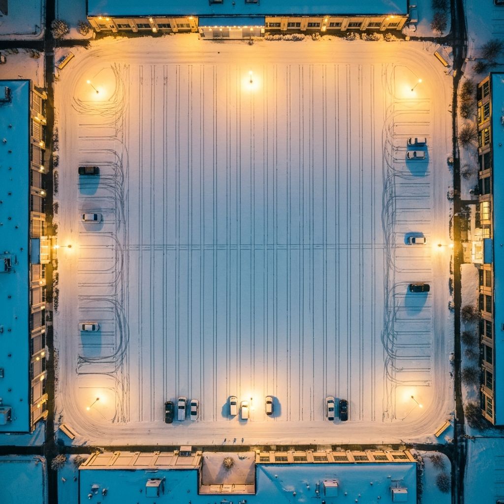 Aerial view of a snow-covered commercial parking lot at night with warm lighting